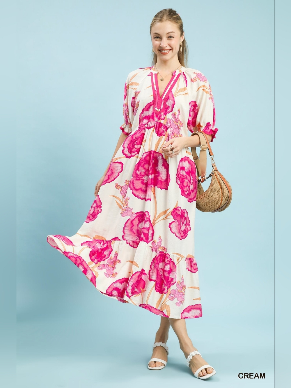 Umgee Floral Print Midi Dress with Contrast Trim